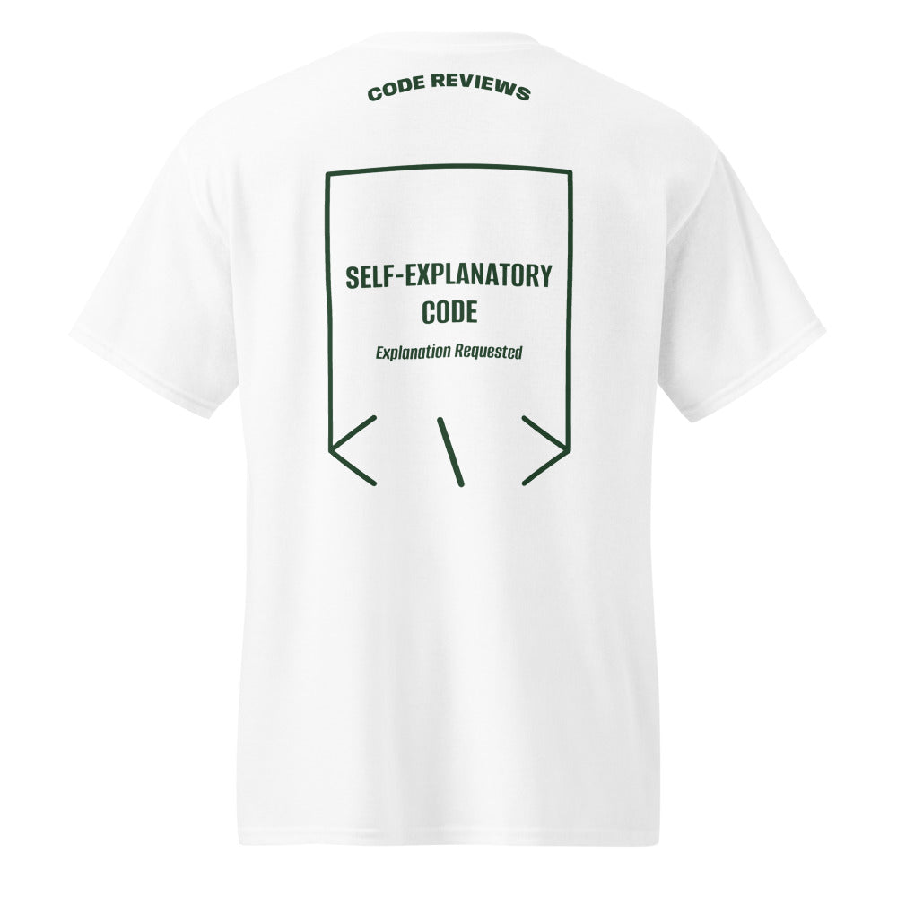 Self-Explanatory Code — White Forest Green back mockup