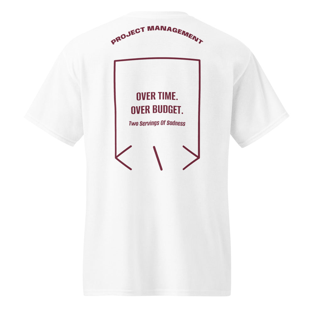 Over Time. Over Budget. — White Maroon back mockup