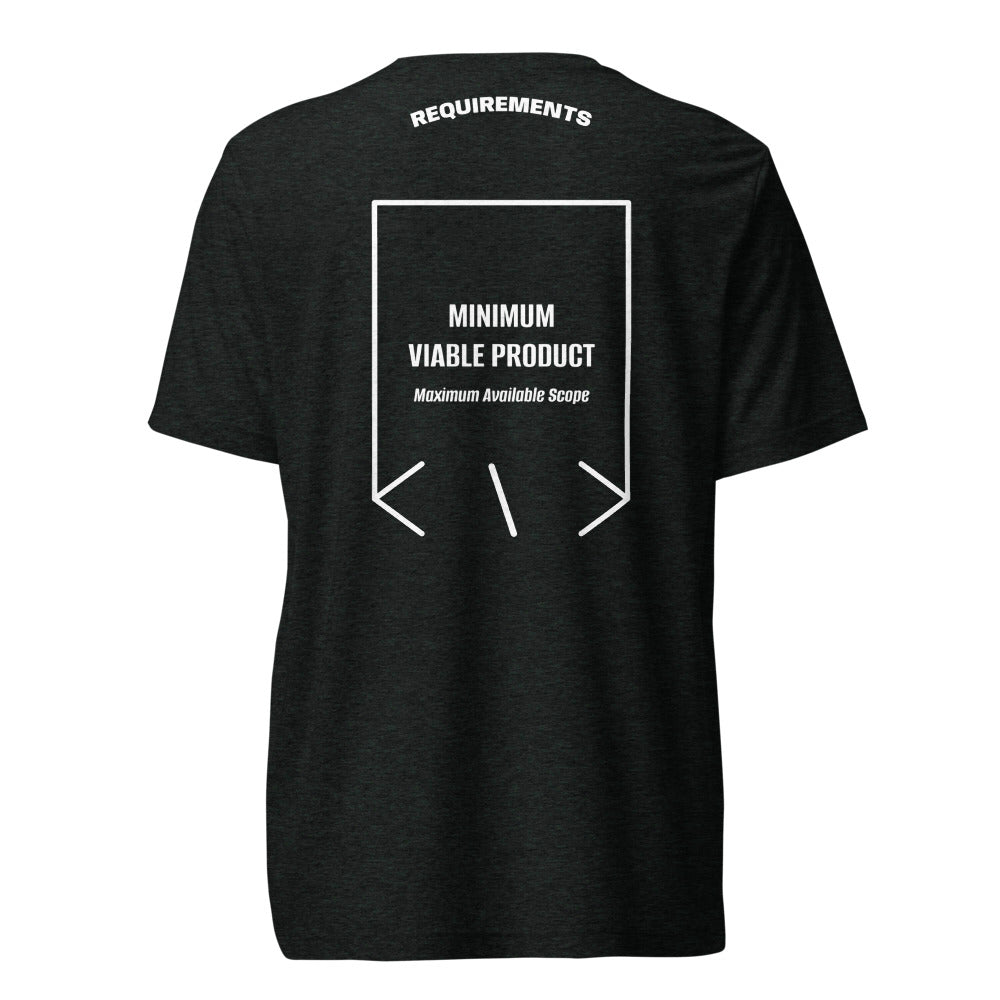 Minimum Viable Product — Charcoal-Black Triblend Solid White Triblend back mockup
