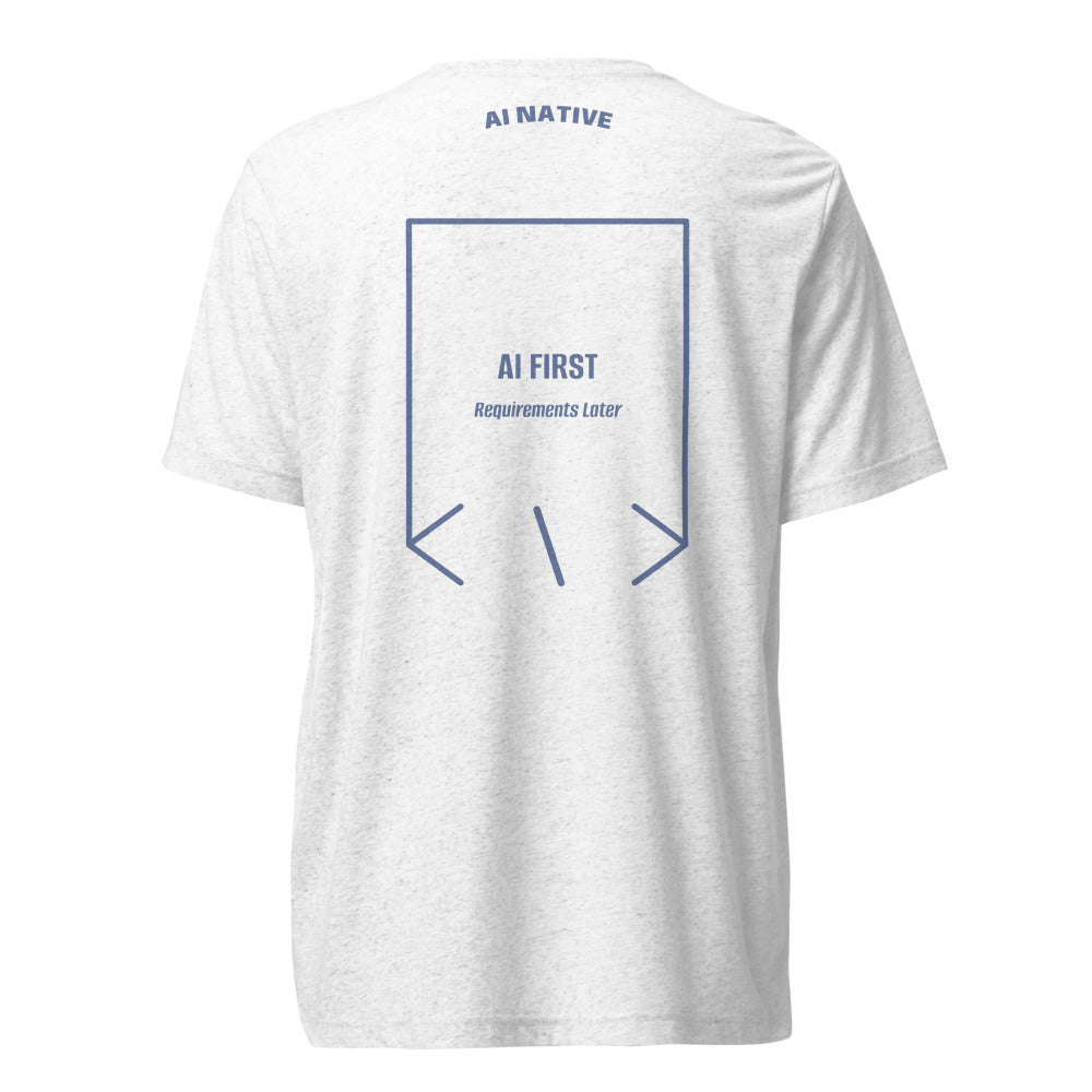 AI First — Solid White Triblend Blue Triblend back mockup