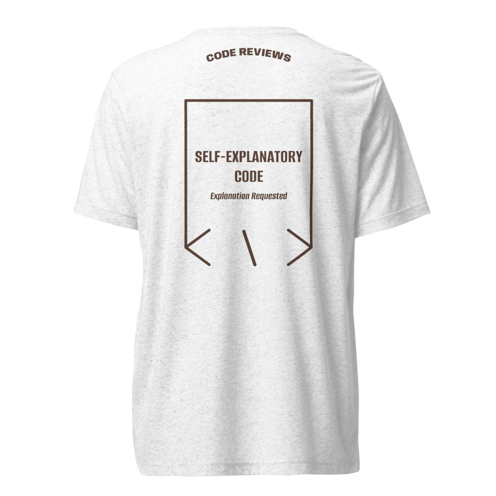 Self-Explanatory Code — Solid White Triblend Brown Triblend back mockup