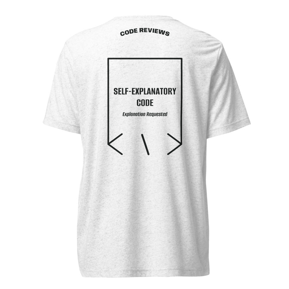 Self-Explanatory Code — Solid White Triblend Charcoal-Black Triblend back mockup