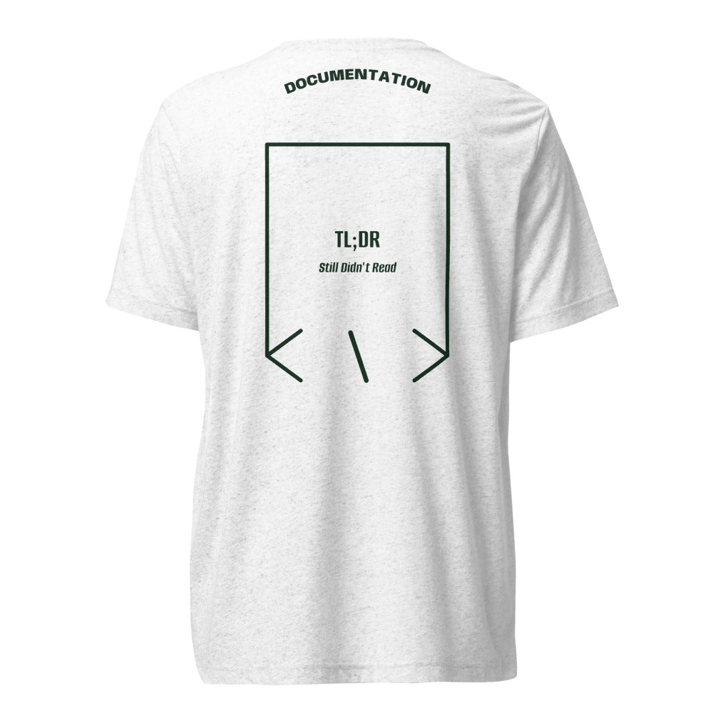 TL;DR — Solid White Triblend Emerald Triblend back mockup