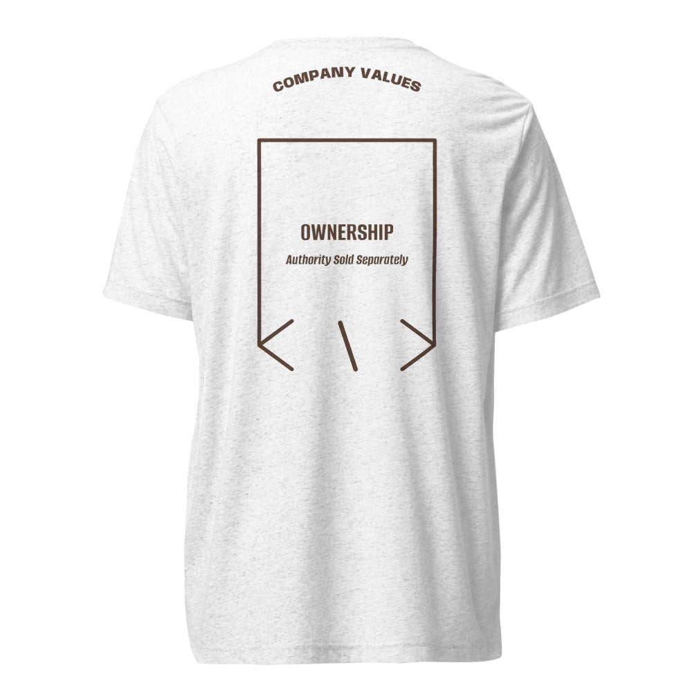 Ownership — Solid White Triblend Brown Triblend back mockup