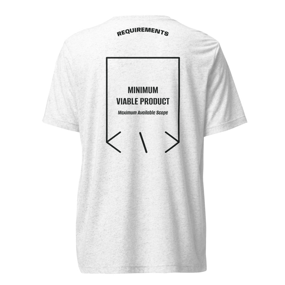 Minimum Viable Product — Solid White Triblend Charcoal-Black Triblend back mockup