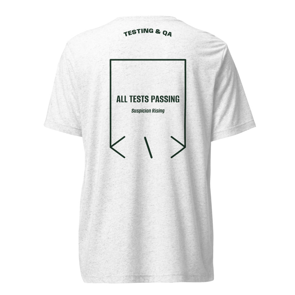 All Tests Passing — Solid White Triblend Emerald Triblend back mockup