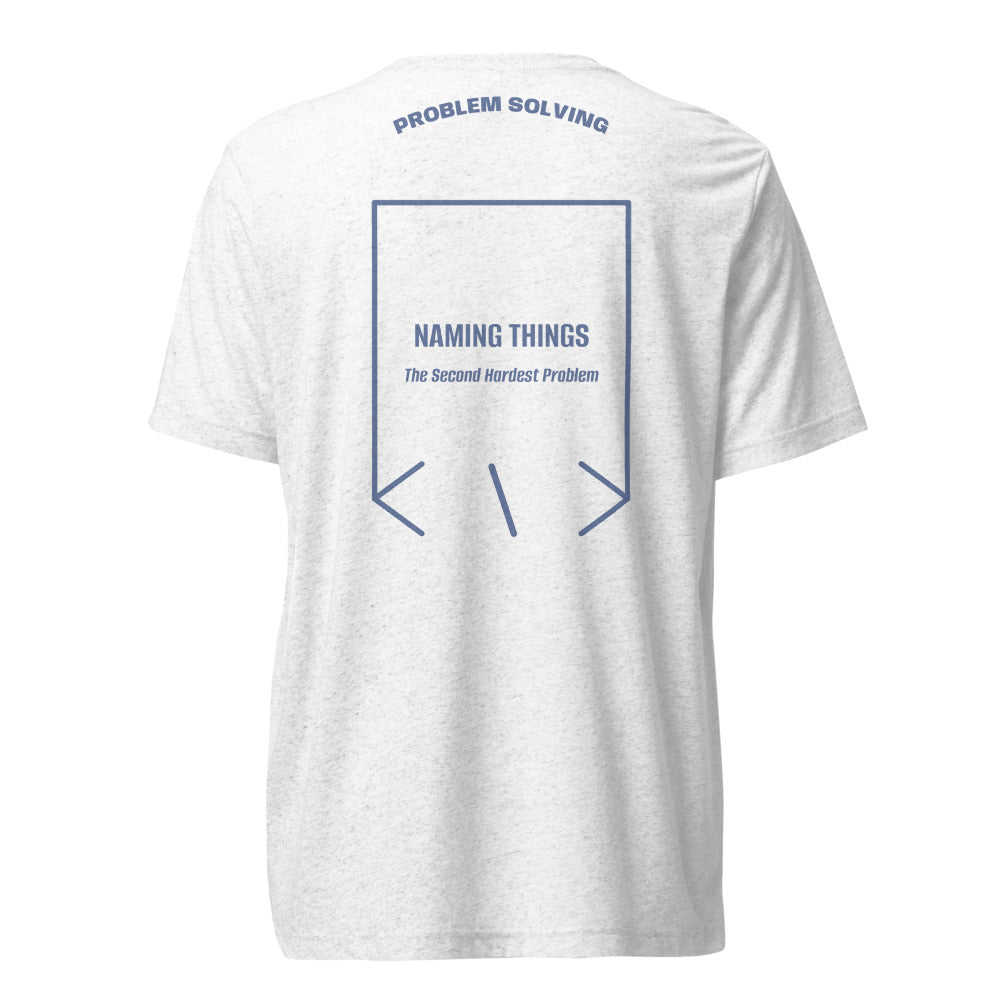 Naming Things — Solid White Triblend Blue Triblend back mockup