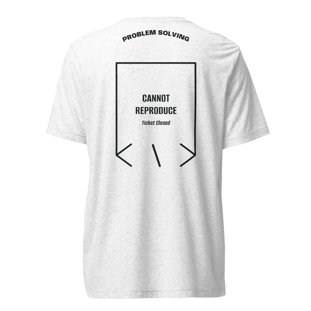 Cannot Reproduce — Solid White Triblend Charcoal-Black Triblend back mockup