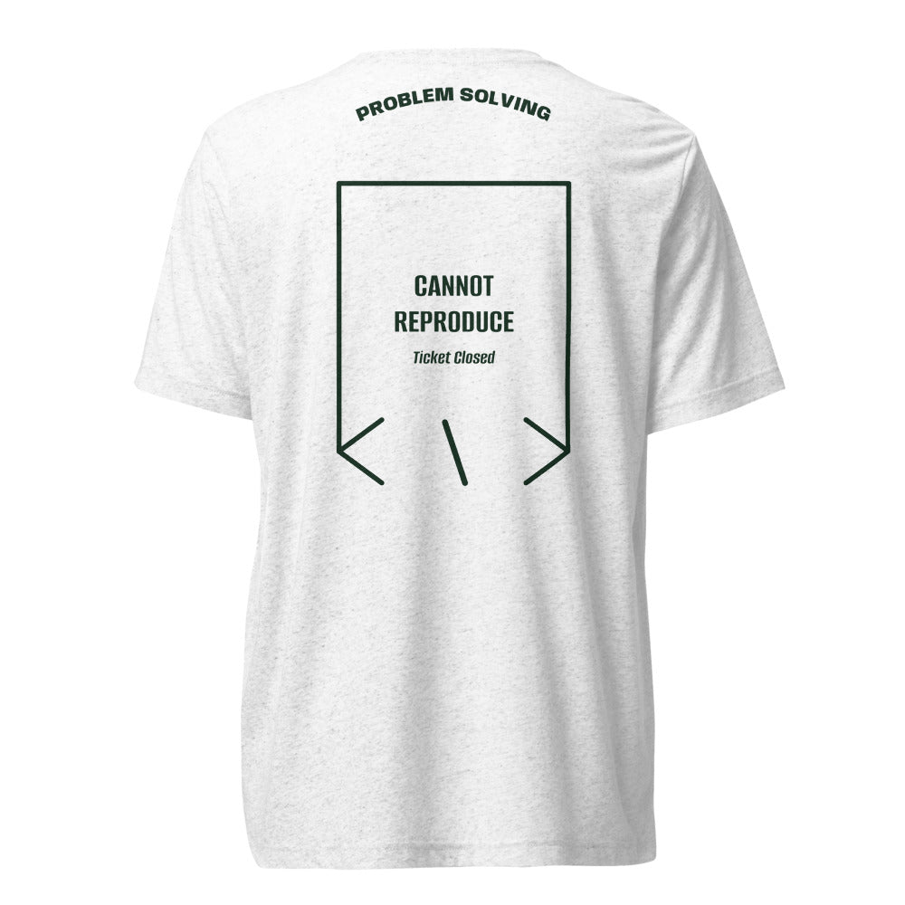 Cannot Reproduce — Solid White Triblend Emerald Triblend back mockup