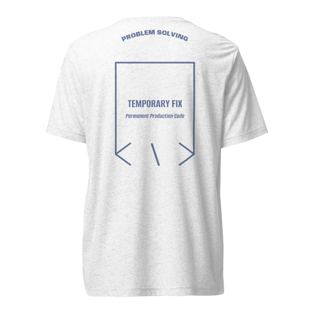 Temporary Fix — Solid White Triblend Blue Triblend back mockup