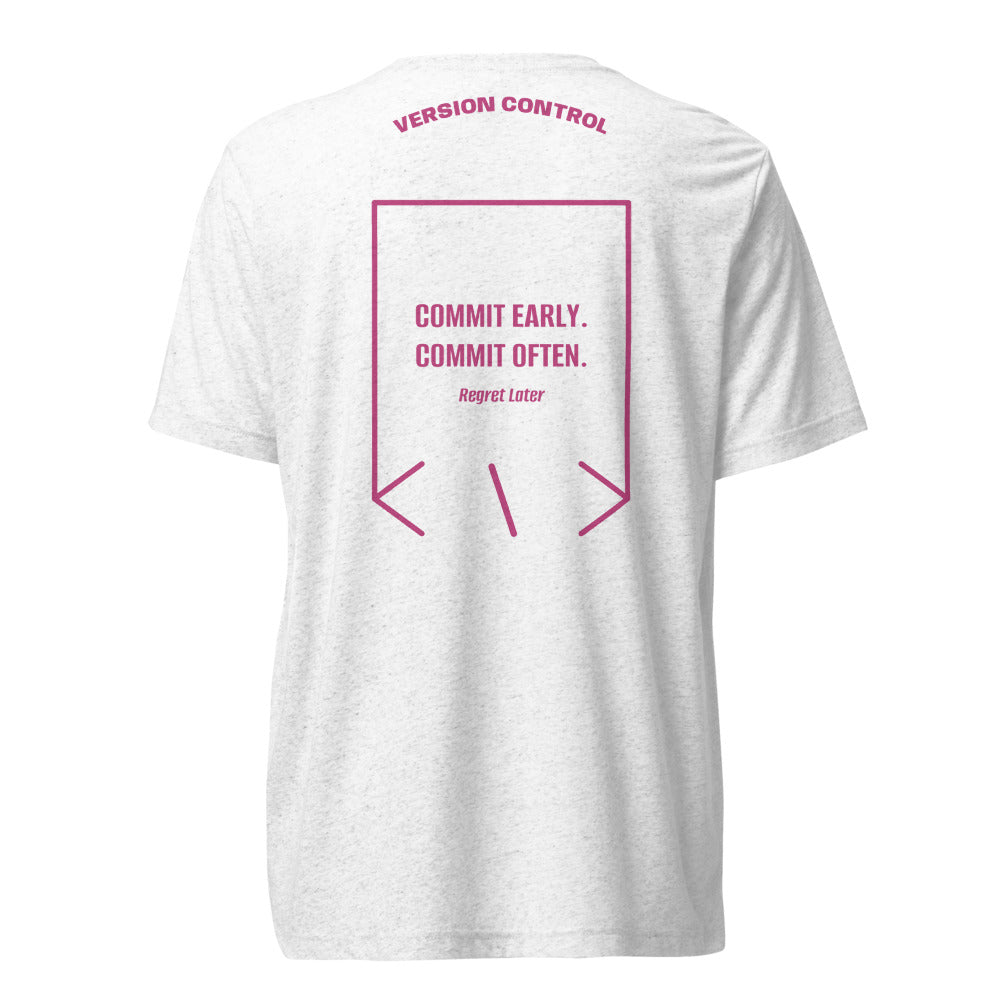 Commit Early. Commit Often. — Solid White Triblend Berry Triblend back mockup