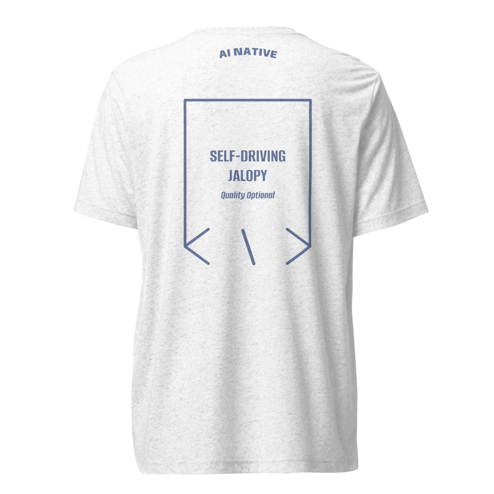 Self-Driving Jalopy — Solid White Triblend Blue Triblend back mockup
