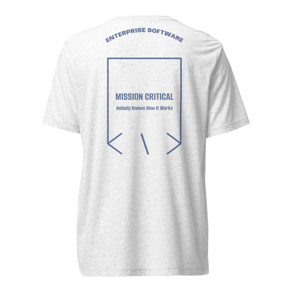 Mission Critical — Solid White Triblend Blue Triblend back mockup