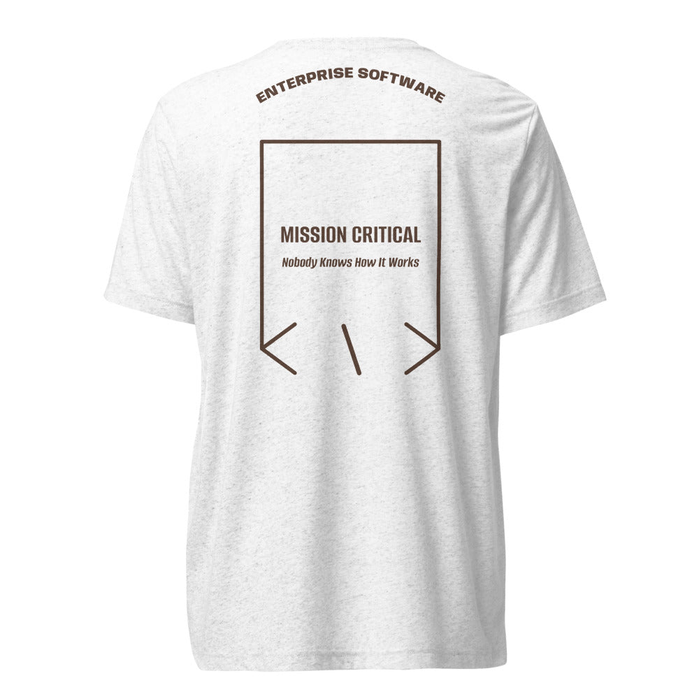 Mission Critical — Solid White Triblend Brown Triblend back mockup