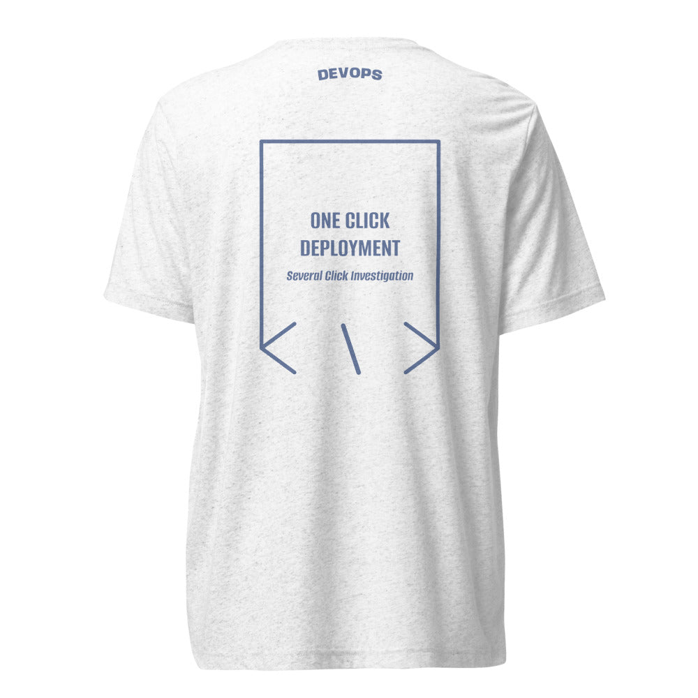 One Click Deployment — Solid White Triblend Blue Triblend back mockup