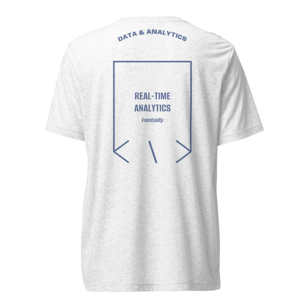 Real-Time Analytics — Solid White Triblend Blue Triblend back mockup