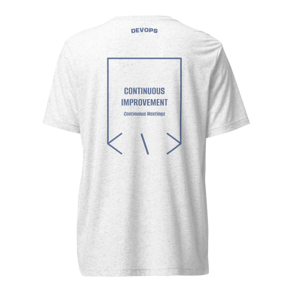 Continuous Improvement — Solid White Triblend Blue Triblend back mockup