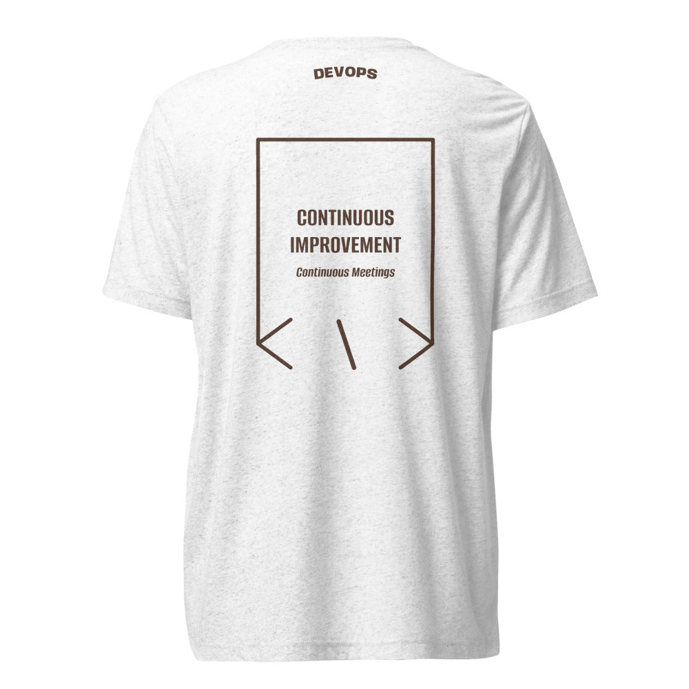 Continuous Improvement — Solid White Triblend Brown Triblend back mockup