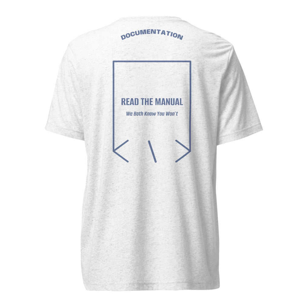 Read The Manual — Solid White Triblend Blue Triblend back mockup