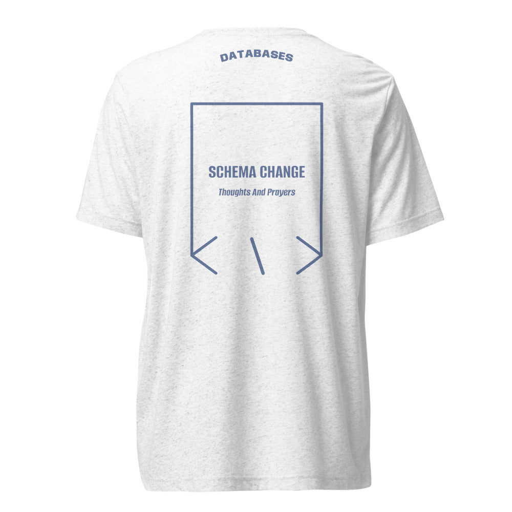 Schema Change — Solid White Triblend Blue Triblend back mockup