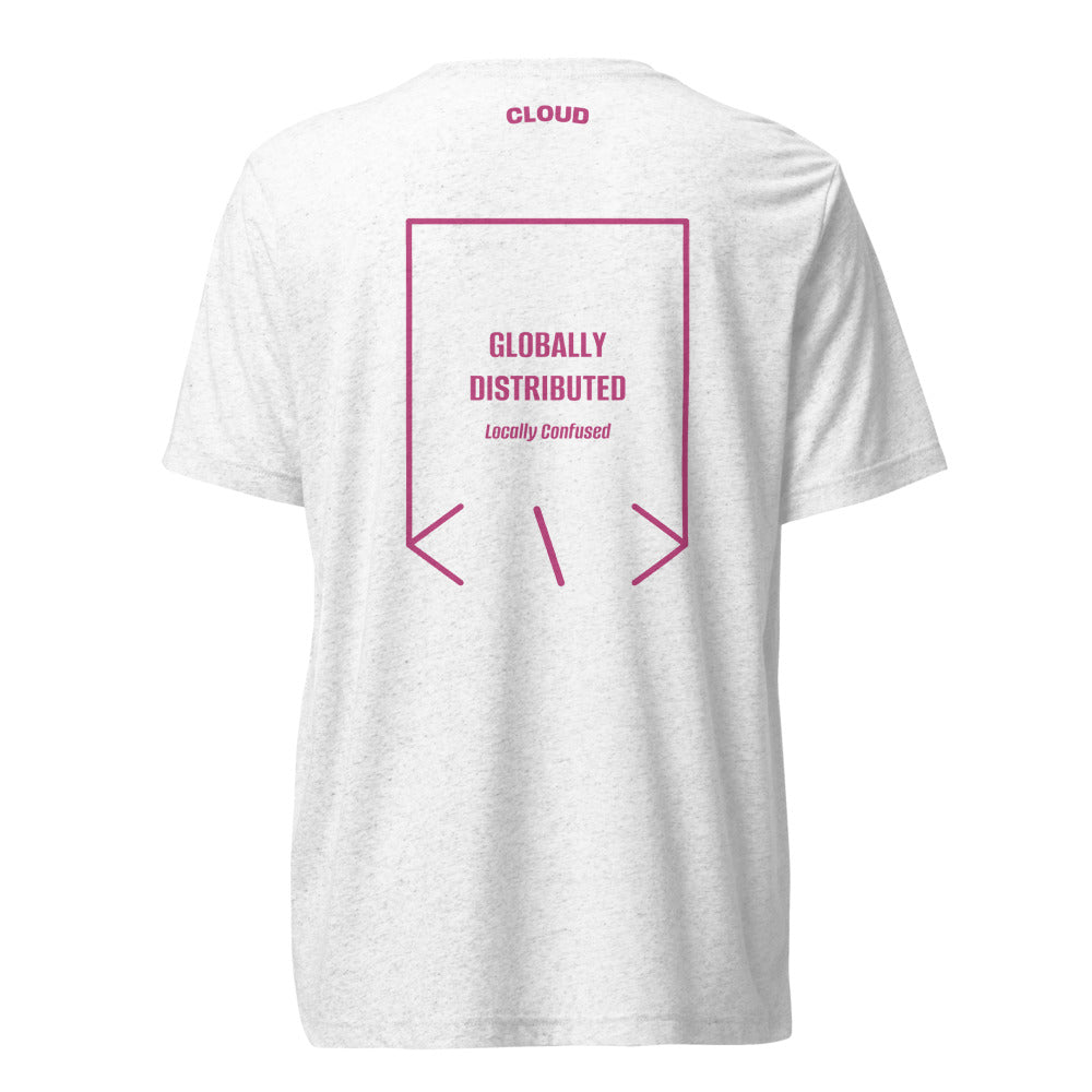 Globally Distributed — Solid White Triblend Berry Triblend back mockup