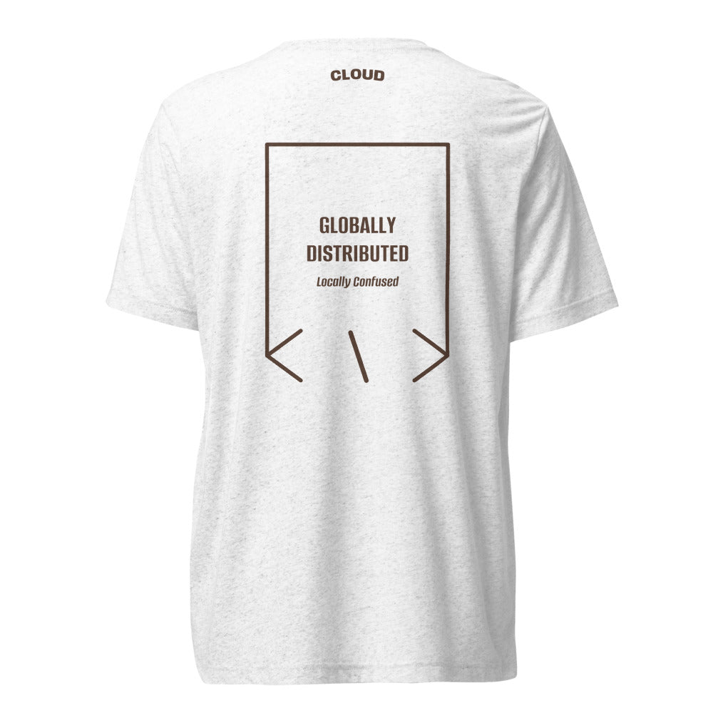 Globally Distributed — Solid White Triblend Brown Triblend back mockup