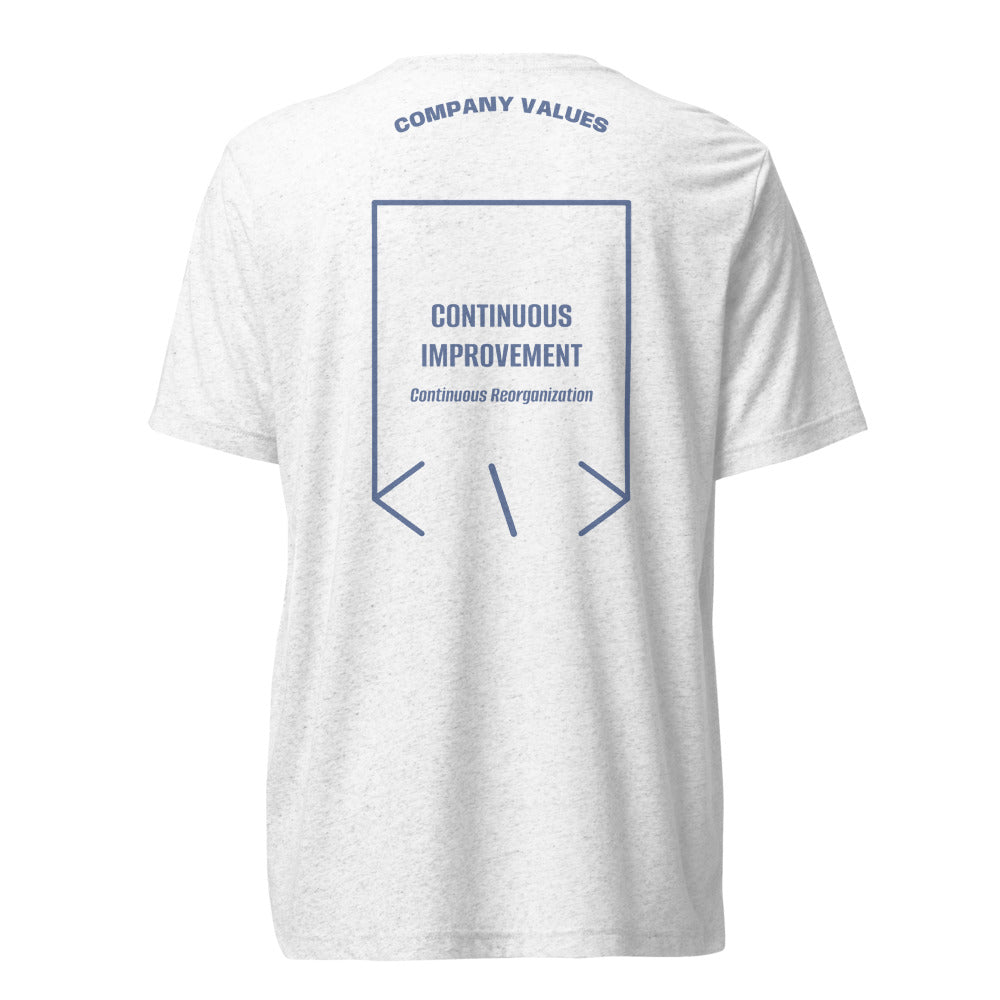 Continuous Improvement — Solid White Triblend Blue Triblend back mockup