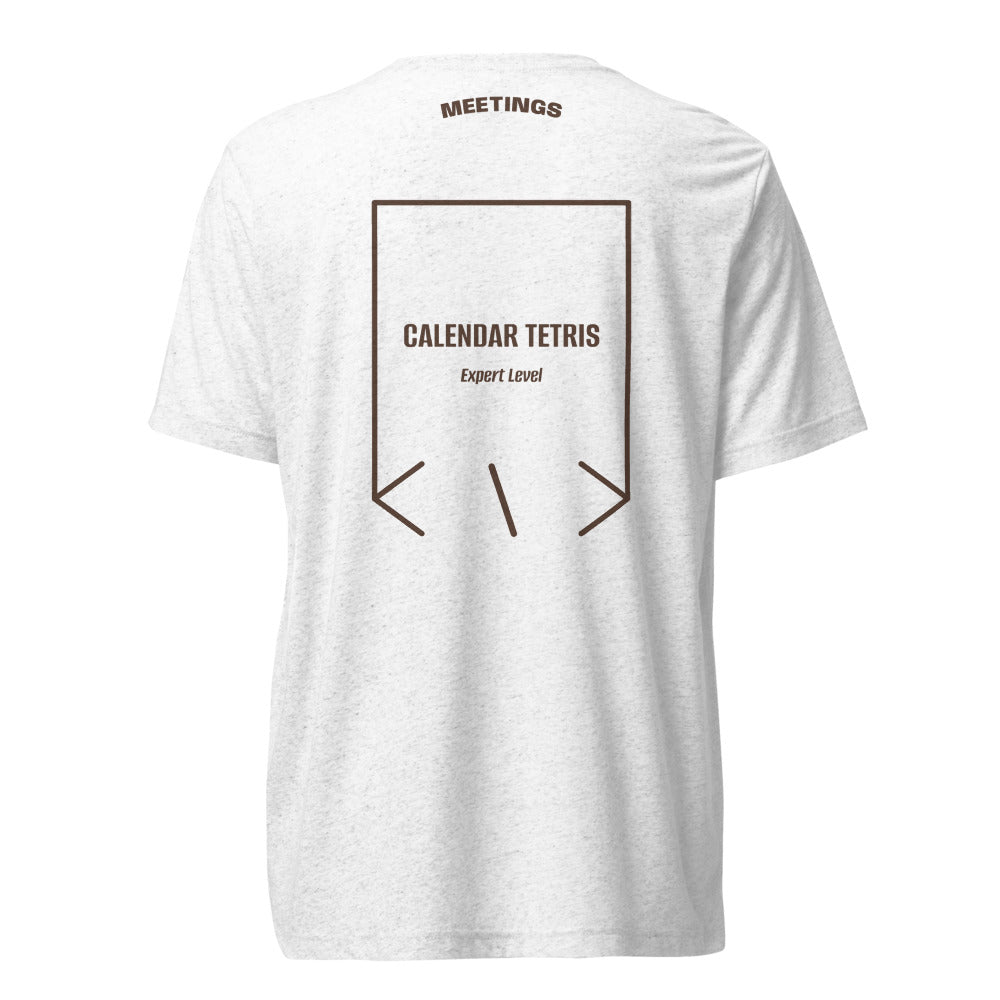 Calendar Tetris — Solid White Triblend Brown Triblend back mockup