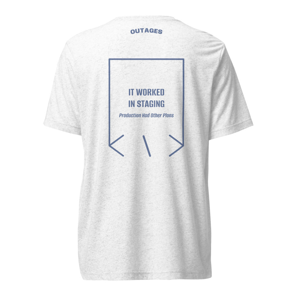 It Worked In Staging — Solid White Triblend Blue Triblend back mockup