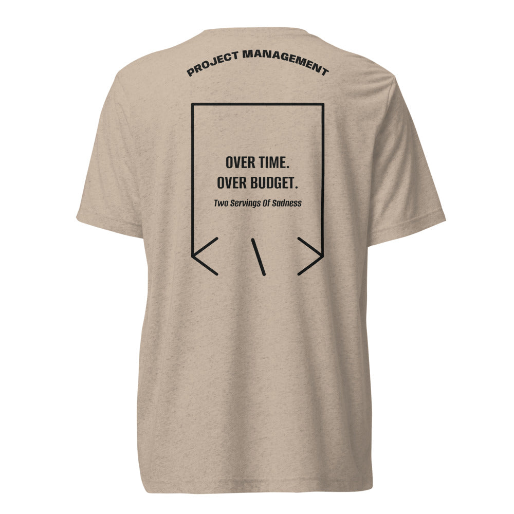 Over Time. Over Budget. — Tan Triblend Solid Black Triblend back mockup