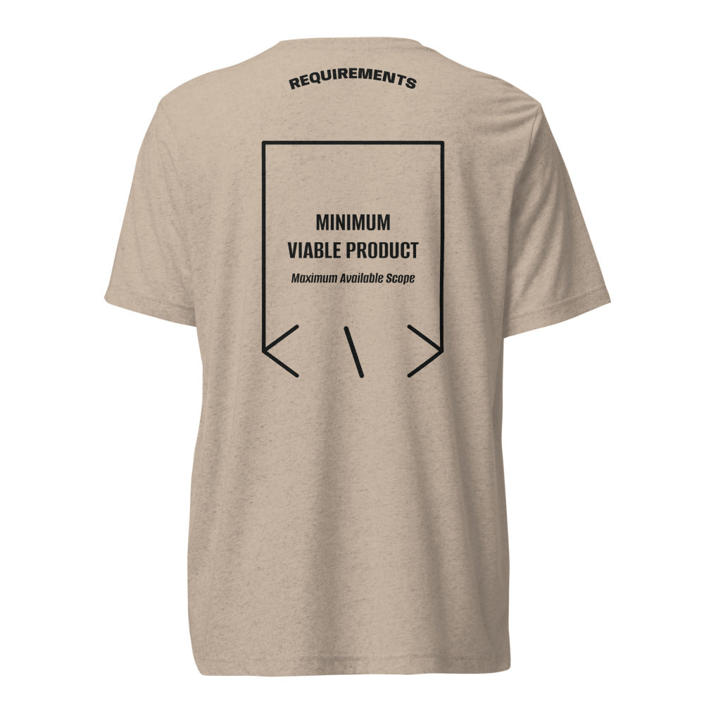 Minimum Viable Product — Tan Triblend Solid Black Triblend back mockup
