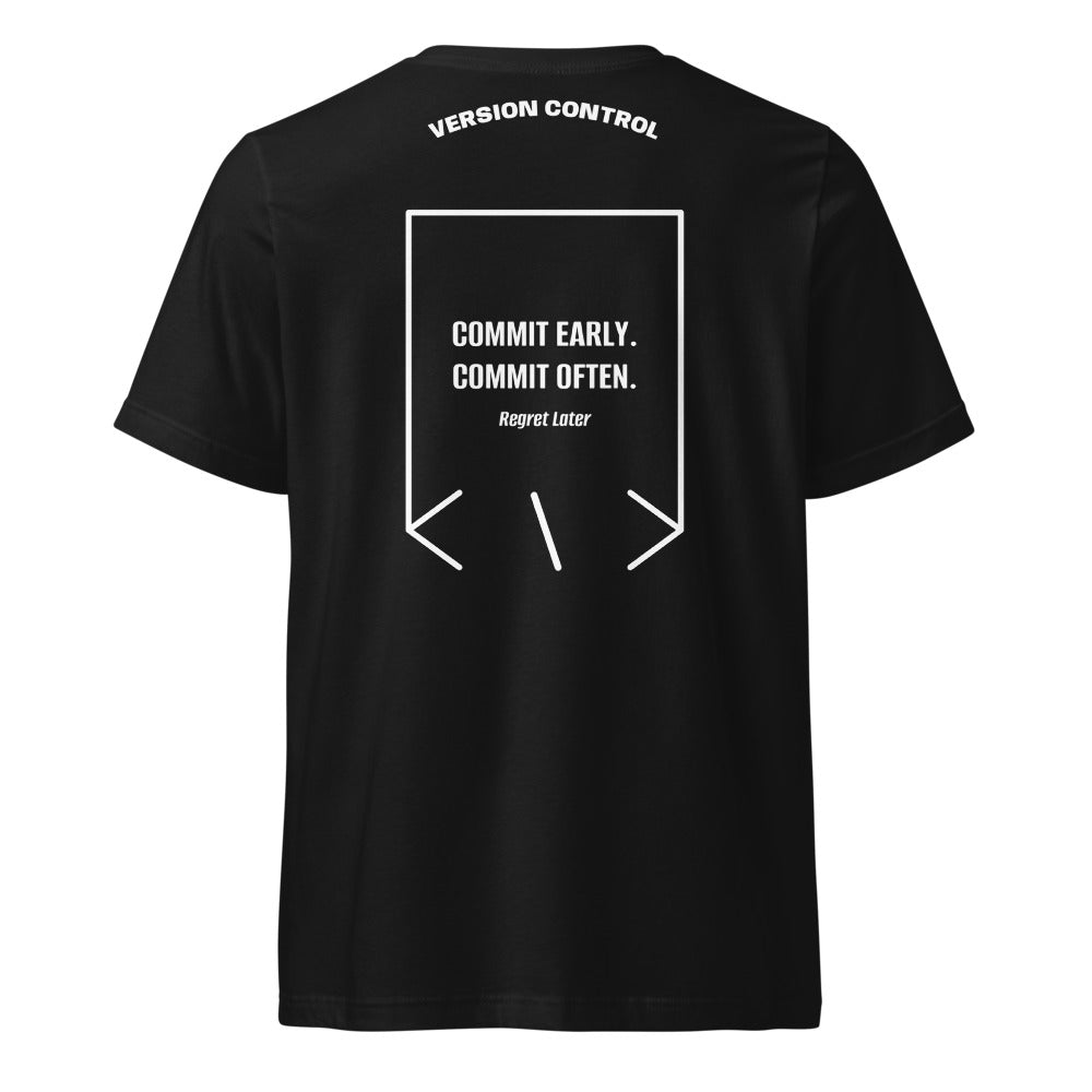 Commit Early. Commit Often. — Black White back mockup