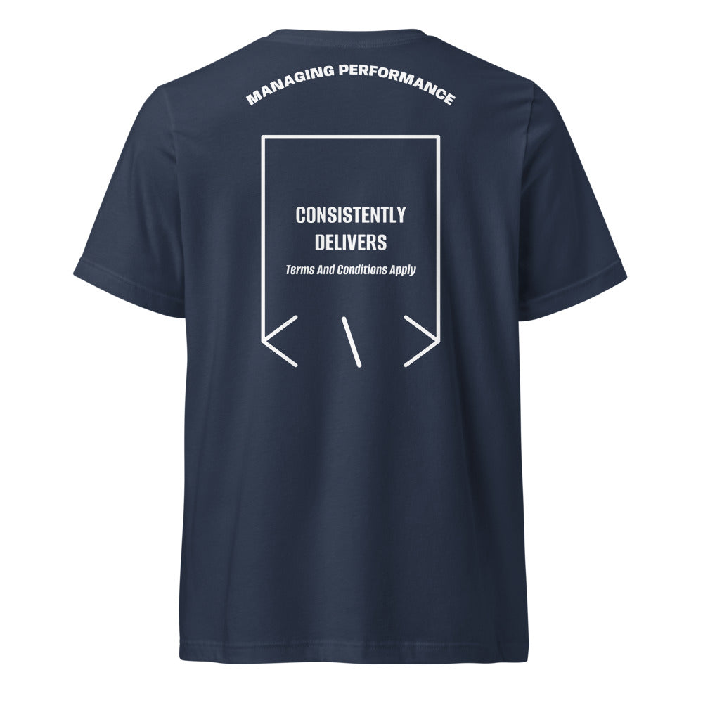 Consistently Delivers — Navy White back mockup
