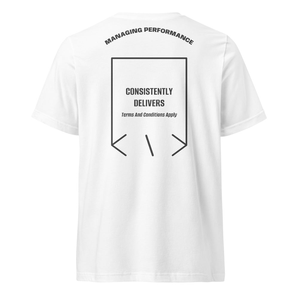 Consistently Delivers — White Dark Grey Heather back mockup