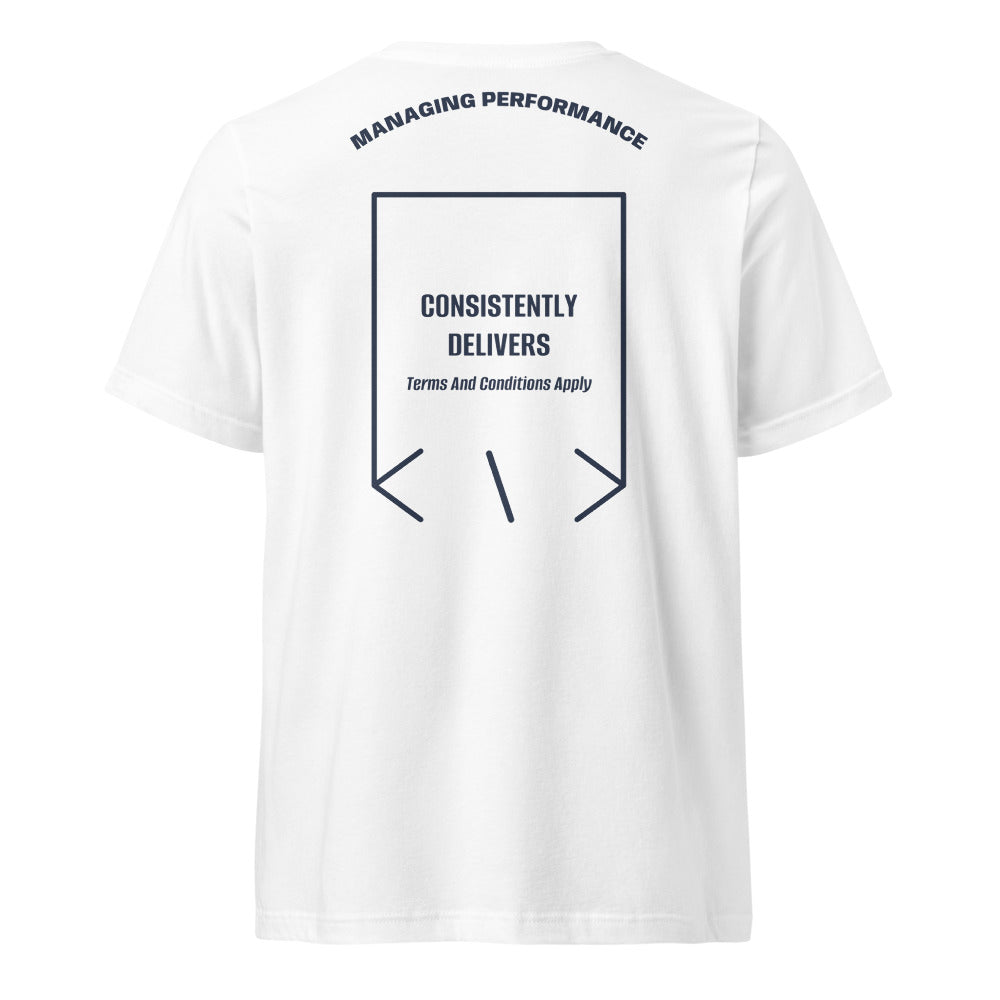 Consistently Delivers — White Navy back mockup