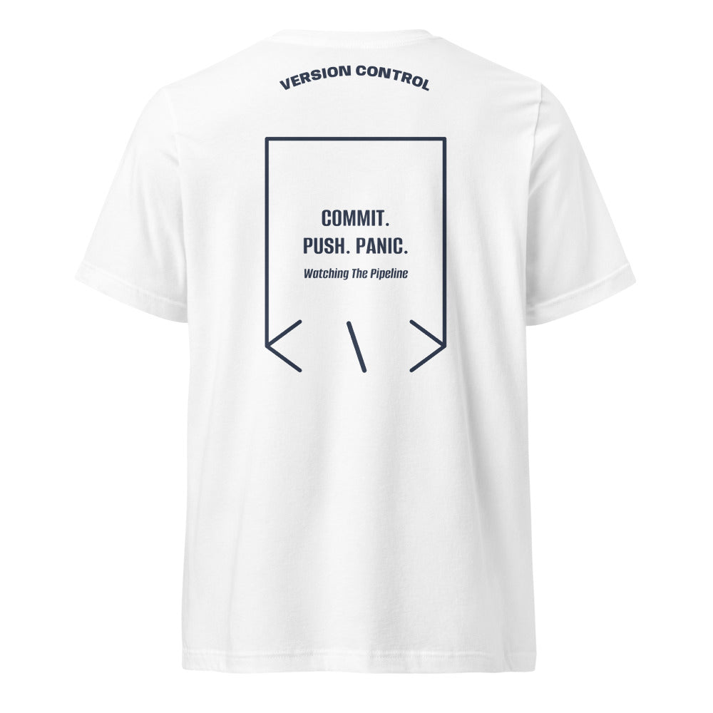 Commit. Push. Panic. — White Navy back mockup