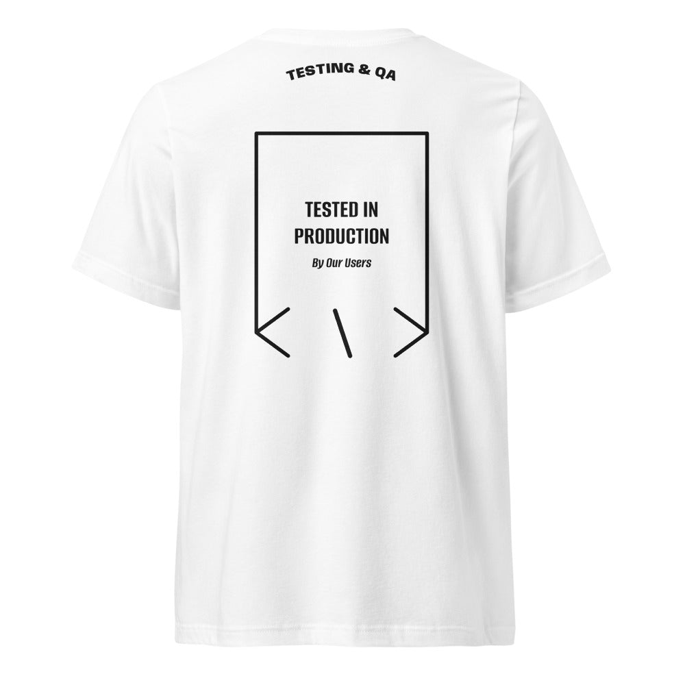 Tested In Production — White Black back mockup