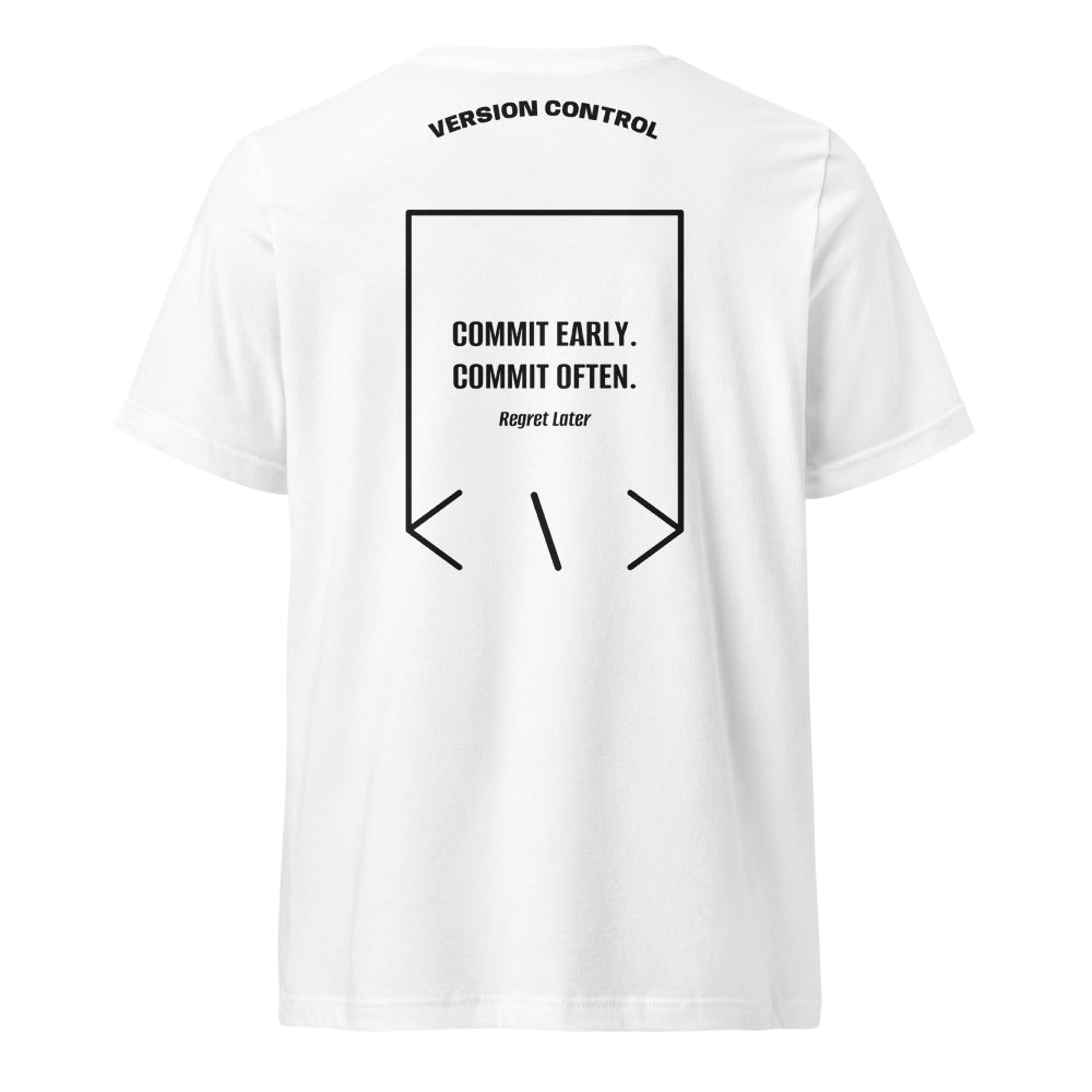 Commit Early. Commit Often. — White Black back mockup
