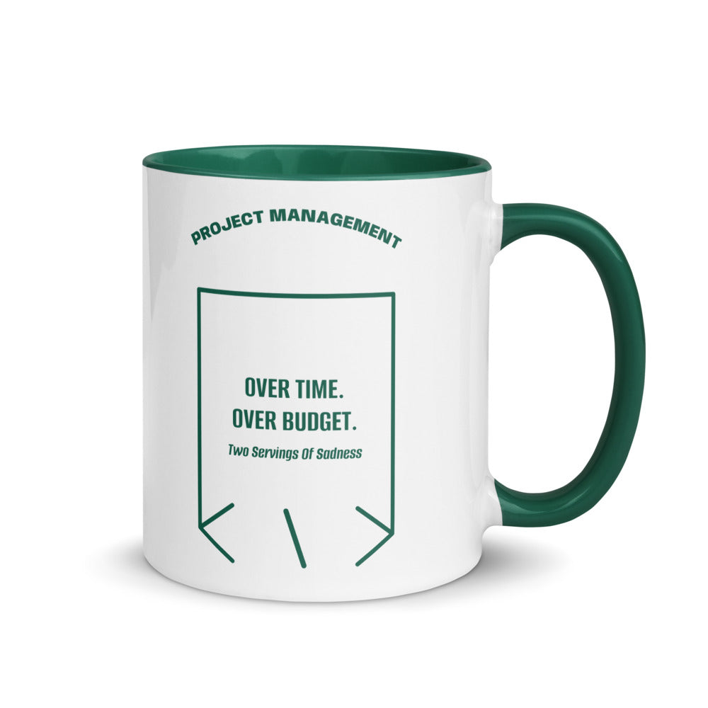 Over Time. Over Budget. — Dark Green Dark Green back mockup (11 oz)