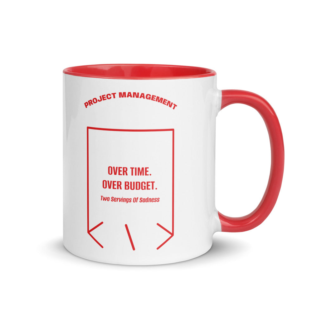 Over Time. Over Budget. — Red Red back mockup (11 oz)