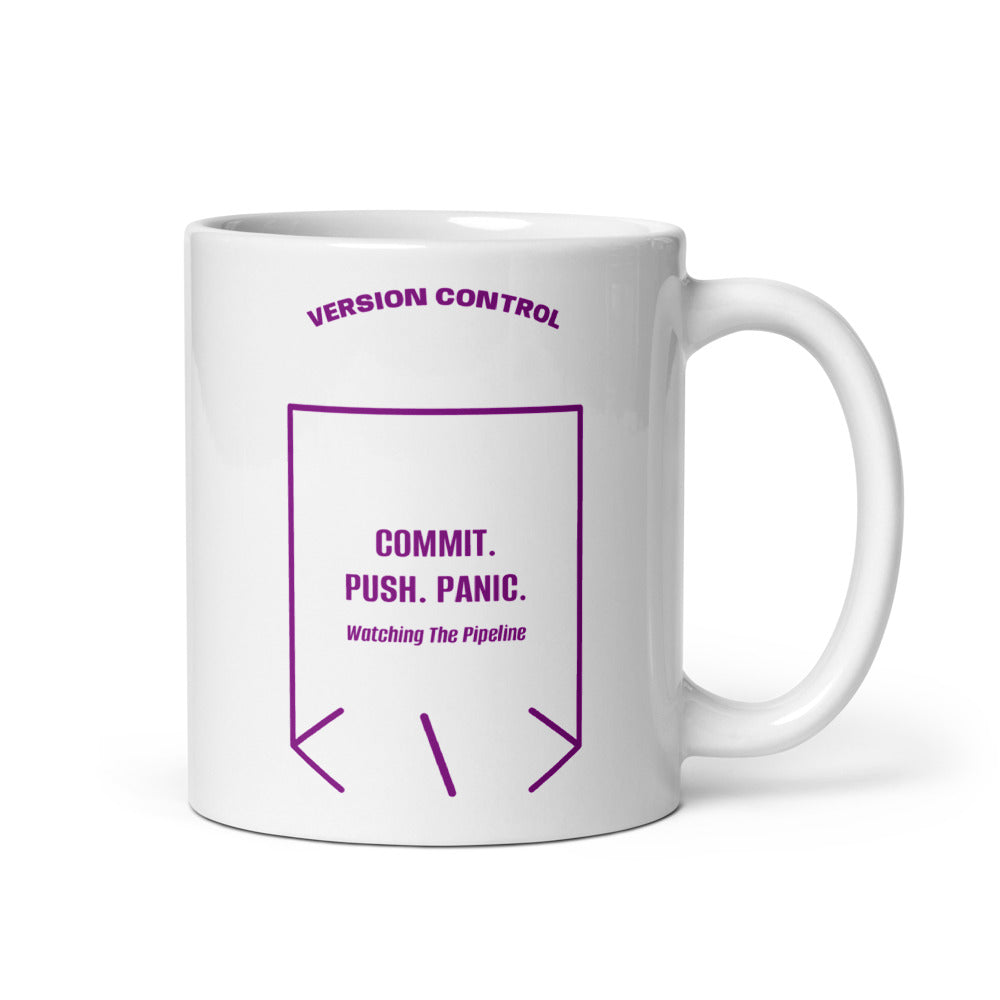 Commit. Push. Panic. — White Purple back mockup (11 oz)