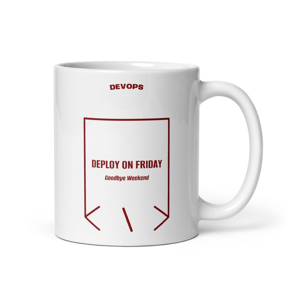 Deploy On Friday — White Maroon back mockup (11 oz)