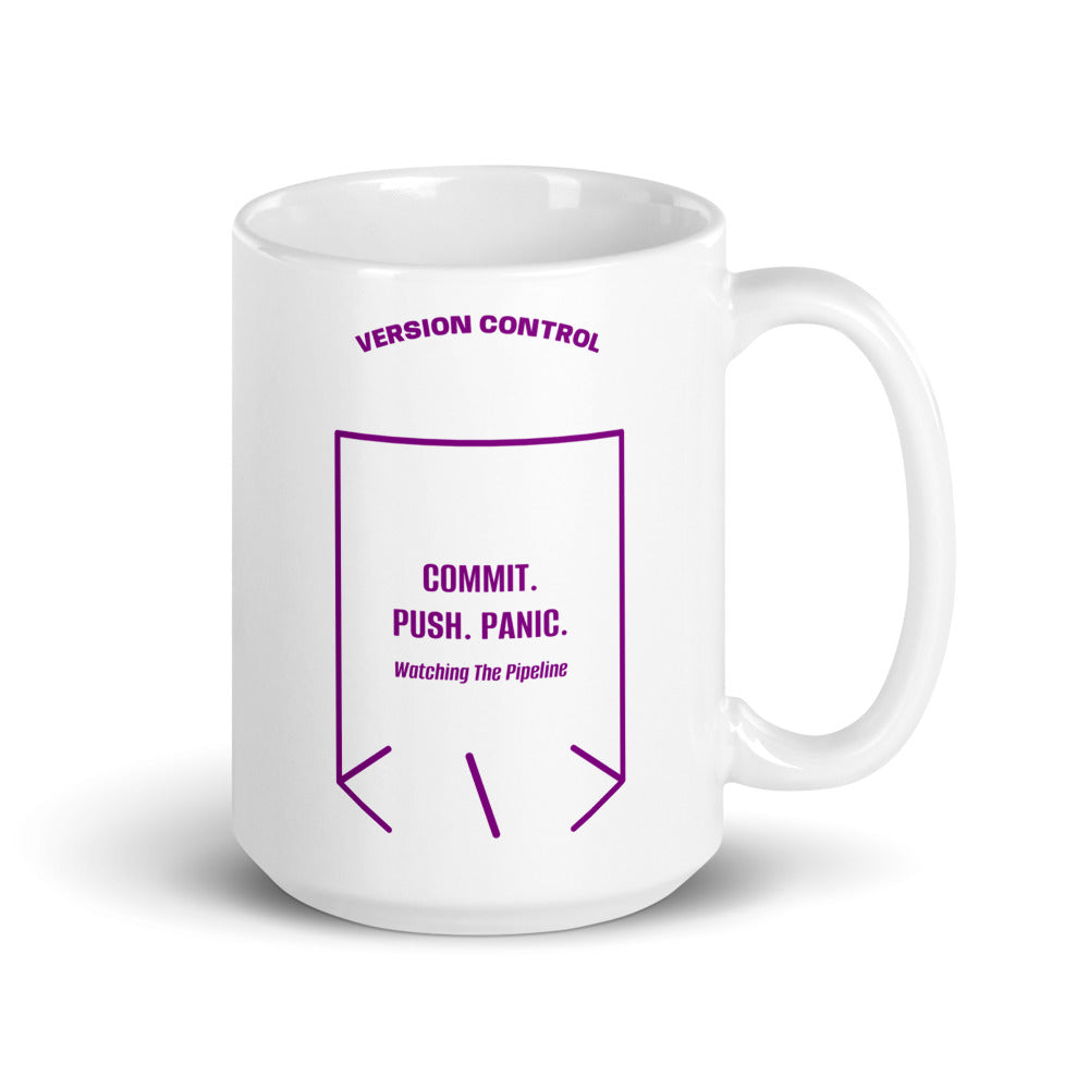 Commit. Push. Panic. — White Purple back mockup (15 oz)