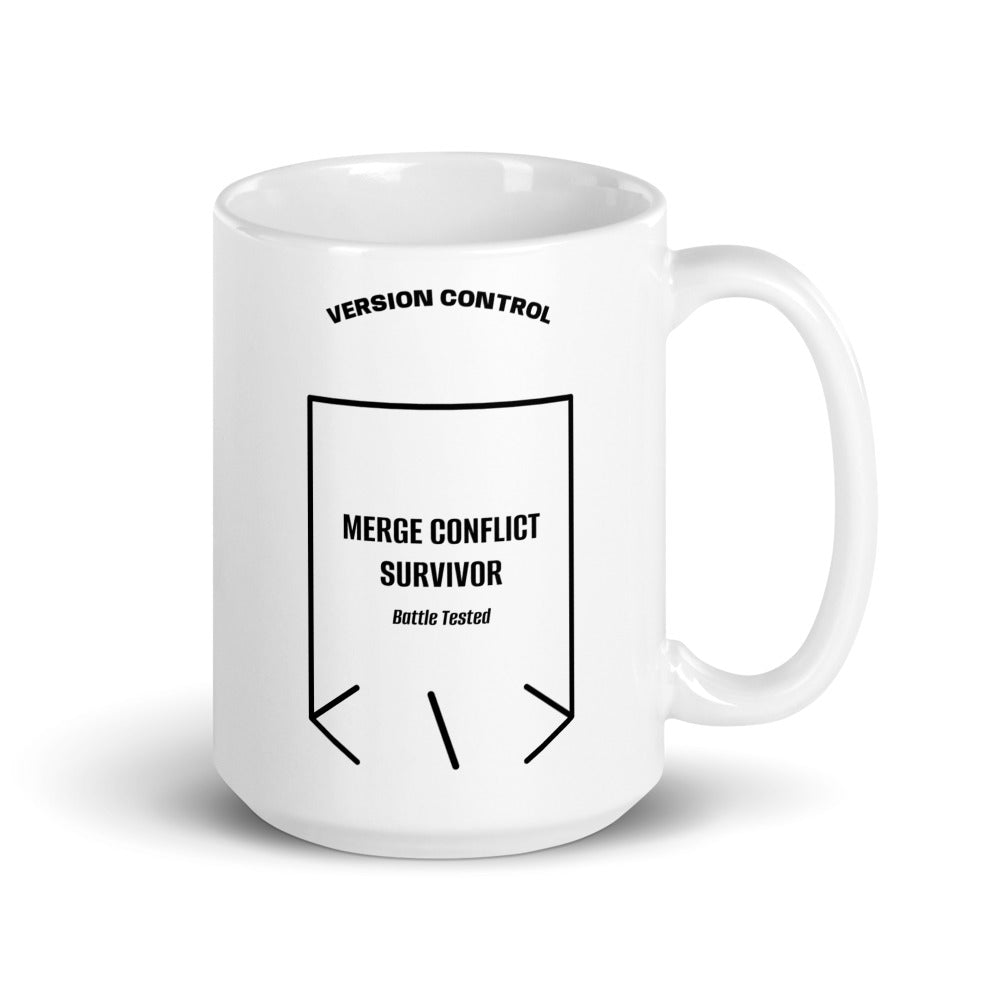Merge Conflict Survivor — White Black back mockup (15 oz)