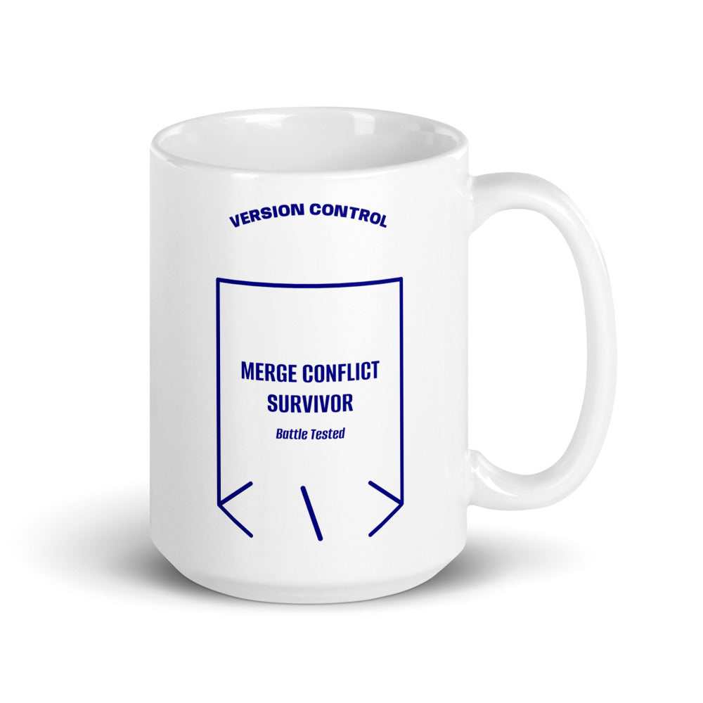 Merge Conflict Survivor — White Navy back mockup (15 oz)