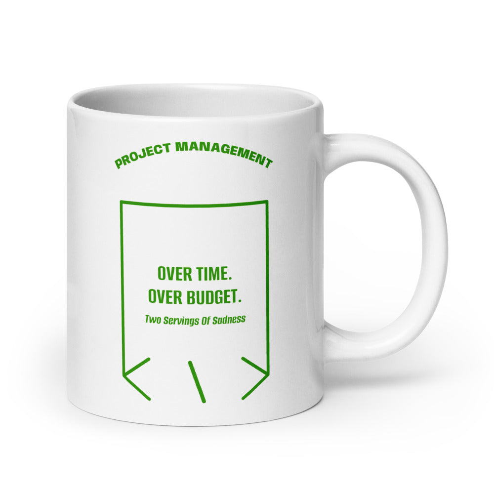 Over Time. Over Budget. — White Green back mockup (20 oz)