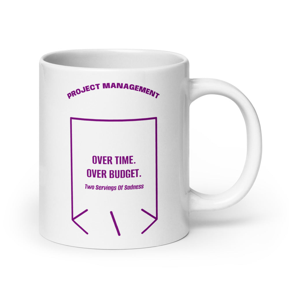 Over Time. Over Budget. — White Purple back mockup (20 oz)