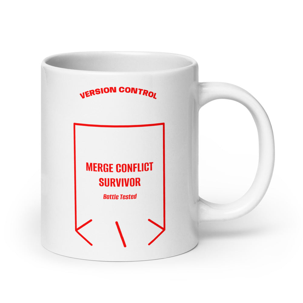 Merge Conflict Survivor — White Red back mockup (20 oz)