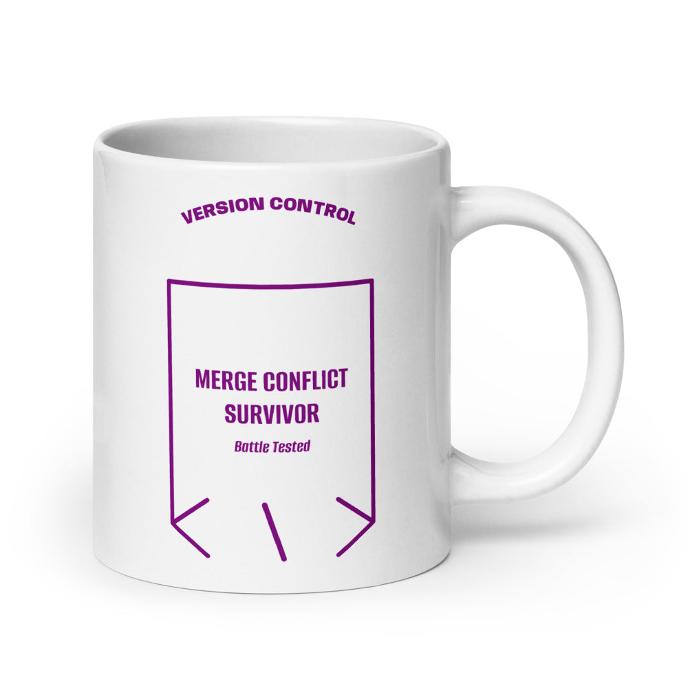 Merge Conflict Survivor — White Purple back mockup (20 oz)