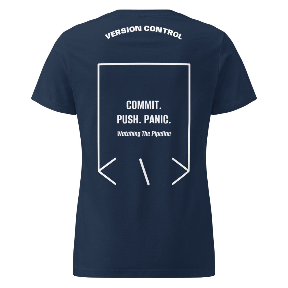 Commit. Push. Panic. — Navy White back mockup